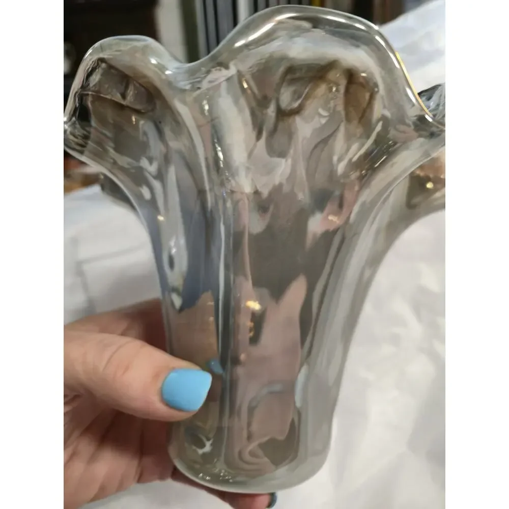 Vintage Italian Art Glass Ruffled Candle Holders Pair Smoke Gray Tammaro